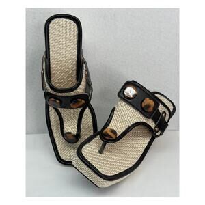 Square Toe Woven T-Strap Thick Wedge Sandal Heels Cream with Black   NWOT (40) 9